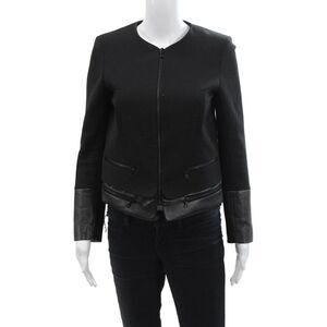 Sandro Womens Front Zip Long Sleeve Leather Trim Jacket Black Size FR 36